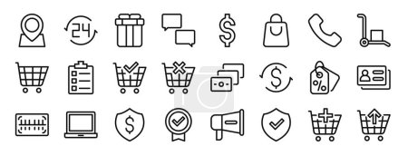 set of 24 outline web ecommerce ui icons such as location, hours, gift, communications, dollar, shopping bag, phone call vector icons for report, presentation, diagram, web design, mobile app