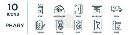 phary outline icon set such as thin line spray, tablet, truck, infusion, pharology, drugs, formula icons for report, presentation, diagram, web design