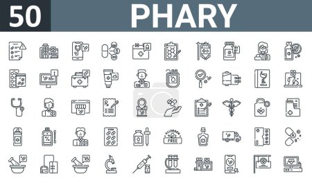 set of 50 outline web phary icons such as information, hospital, online consultation, multivitamin, reminder, formula, infusion vector thin icons for report, presentation, diagram, web design,
