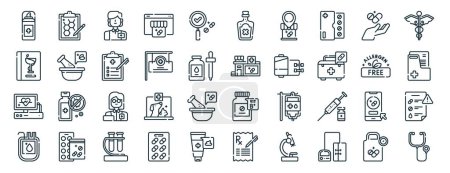 set of 40 outline web phary icons such as formula, pharology, vital, blood bag, allergen free, caduceus, potion icons for report, presentation, diagram, web design, mobile app