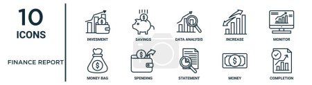 finance report outline icon set such as thin line invesment, data analysis, monitor, spending, money, completion, money bag icons for report, presentation, diagram, web design