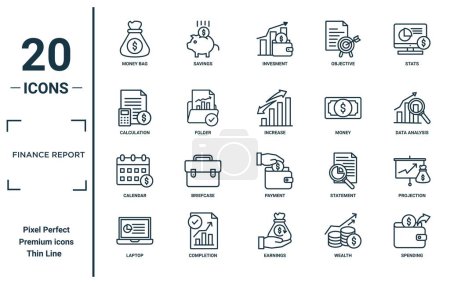 finance report linear icon set. includes thin line money bag, calculation, calendar, laptop, spending, increase, projection icons for report, presentation, diagram, web design