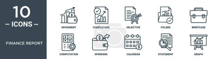 finance report outline icon set includes thin line invesment, completion, objective, folder, briefcase, computation, spending icons for report, presentation, diagram, web design