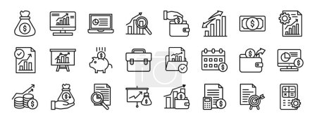 set of 24 outline web finance report icons such as money bag, monitor, laptop, data analysis, payment, increase, money vector icons for report, presentation, diagram, web design, mobile app