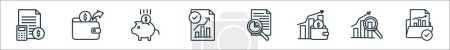 outline set of finance report line icons. linear vector icons such as calculation, spending, savings, completion, statement, invesment, data analysis, folder