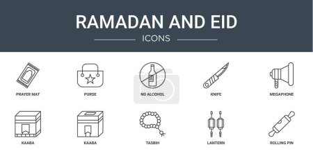 Satz von 10 umrissenen Web-Ramadan und eid-Symbole wie Gebetsmatte, Geldbörse, kein Alkohol, Messer, Megaphon, Kaaba, Kaaba-Vektorsymbole für Bericht, Präsentation, Diagramm, Webdesign, mobile App