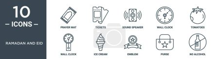 ramadan and eid outline icon set includes thin line prayer mat, tickets, sound speaker, wall clock, tomatoes, wall clock, ice cream icons for report, presentation, diagram, web design