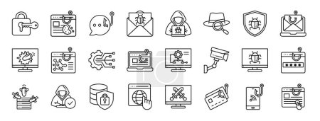 set of 24 outline web hacker activity icons such as security, theft, conversation, email, hacker, white hat, security vector icons for report, presentation, diagram, web design, mobile app
