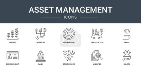 set of 10 outline web asset management icons such as growth, business, refinancing, depreciation, legal, bank account, bank vector icons for report, presentation, diagram, web design, mobile app