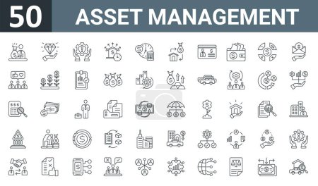 set of 50 outline web asset management icons such as investor, as, risk management, liability, calculation, refinancing, bank account vector thin icons for report, presentation, diagram, web design,