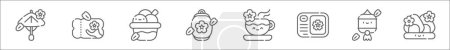 Umrisse von Sakura Festival Line Icons. lineare Vektorsymbole wie Wagasa, Ticket, Eis, Laterne, Tee, Postkarte, Sakura, Onigiri