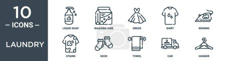 Das Wäscheumrissensymbolset umfasst dünne Flüssigseife, Waschmaschine, Kleid, Hemd, Bügeln, Flecken, Sockensymbole für Bericht, Präsentation, Diagramm, Webdesign