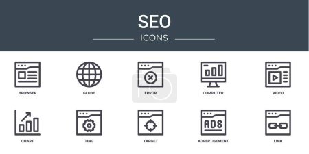 set of 10 outline web seo icons such as browser, globe, error, computer, video, chart, ting vector icons for report, presentation, diagram, web design, mobile app