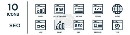 seo outline icon set wie thin line chart, writing, globe, chart, browser, ting, link icons für report, präsentation, diagramm, web design