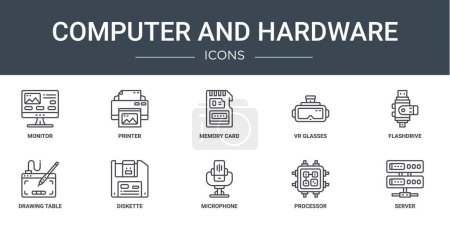 set of 10 outline web computer and hardware icons such as monitor, printer, memory card, vr glasses, flashdrive, drawing table, diskette vector icons for report, presentation, diagram, web design,