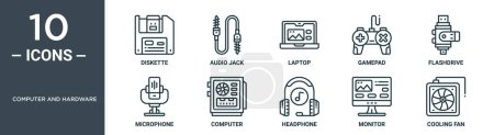 Computer- und Hardware-Icon-Set umfasst dünne Diskette, Audio-Buchse, Laptop, Gamepad, Flash-Laufwerk, Mikrofon, Computer-Icons für Bericht, Präsentation, Diagramm, Webdesign