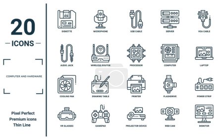 computer and hardware linear icon set. includes thin line diskette, audio jack, cooling fan, vr glasses, monitor, processor, power strip icons for report, presentation, diagram, web design