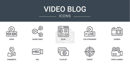 set of 10 outline web video blog icons such as views, share video, blog, live streaming, camera, comments, rec vector icons for report, presentation, diagram, web design, mobile app
