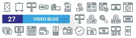 Satz von 27 umrissenen Web-Videoblog-Symbolen wie Handykamera, Hintergrund, Upload, Blog, Live-Streaming, Video, offizielle, Video-Vektor-Thin-Line-Symbole für Webdesign, mobile App.