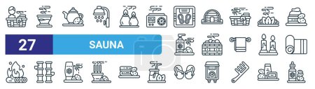 set of 27 outline web sauna icons such as , aromatherapy, teapot, dome, spa, bamboo, flip flop, oil vector thin line icons for web design, mobile app.