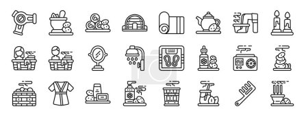 conjunto de 24 iconos de la sauna web esquema como secador de pelo, mortero, toalla, cúpula, esterilla de yoga, tetera, iconos de vectores de pie para el informe, presentación, diagrama, diseño web, aplicación móvil