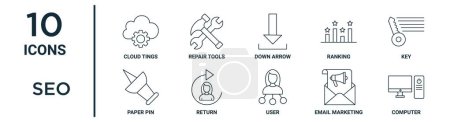 seo outline icon set such as thin line cloud tings, down arrow, key, return, email marketing, computer, paper pin icons for report, presentation, diagram, web design