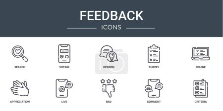 set of 10 outline web feedback icons such as search, voting, opinion, survey, online, appreciation, live vector icons for report, presentation, diagram, web design, mobile app