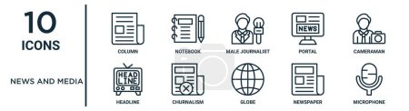 Ilustración de Conjunto de iconos de esquema de noticias y medios de comunicación, como columna de línea delgada, periodista masculino, camarógrafo, churnalismo, periódico, micrófono, iconos de encabezado para el informe, presentación, diagrama, diseño web - Imagen libre de derechos