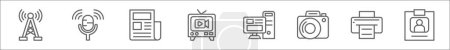 outline set of news and media line icons. linear vector icons such as tower, on air, newspaper, live broadcast, computer, camera, printer, press pass