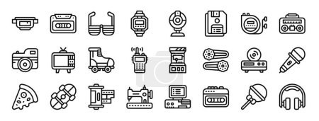 set of 24 outline web nineties icons such as belt pouch, caste tape, glasses, hand watch, webcam, floppy disk, discman vector icons for report, presentation, diagram, web design, mobile app