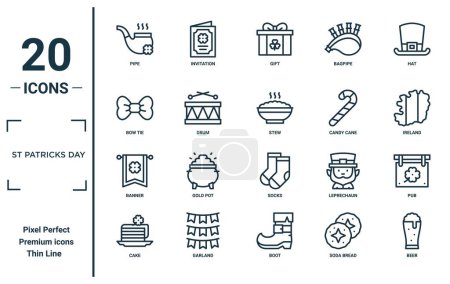 st patricks day linear icon set. includes thin line pipe, bow tie, banner, cake, beer, stew, pub icons for report, presentation, diagram, web design