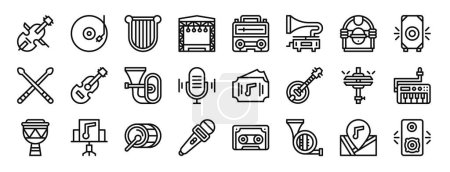 Ilustración de Conjunto de 24 iconos de la música de jazz web esquema como violonchelo, reproductor de vinilo, arpa, escenario, grabadora, gramófono, jukebox vector iconos para el informe, presentación, diagrama, diseño web, aplicación móvil - Imagen libre de derechos