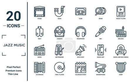 jazz music linear icon set. includes thin line stage, vest, radio, accordion, harp, headphone, music and multimeda icons for report, presentation, diagram, web design