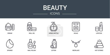 set of 10 outline web beauty icons such as cream, roll on, spray bottle, scale, lipstick, sponge, nail polish vector icons for report, presentation, diagram, web design, mobile app