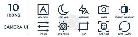 conjunto de iconos de esquema de cámara ui, como enfoque automático de línea delgada, flash automático, ajuste de contraste, iluminación, enfoque automático, cámara de conmutación, iconos de opciones para el informe, presentación, diagrama, diseño web