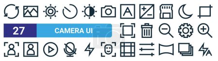 set of 27 outline web camera ui icons such as switch camera, picture, brightening, exposure time, delete, close up, border, auto flash vector thin line icons for web design, mobile app.