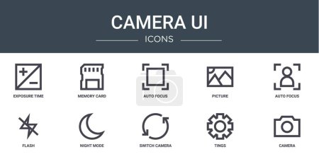 set of 10 outline web camera ui icons such as exposure time, memory card, auto focus, picture, auto focus, flash, night mode vector icons for report, presentation, diagram, web design, mobile app