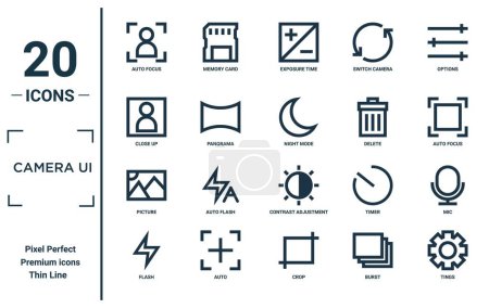 camera ui linear icon set. includes thin line auto focus, close up, picture, flash, tings, night mode, mic icons for report, presentation, diagram, web design