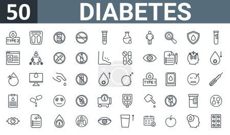 set of 50 outline web diabetes icons such as type, weight scale, no drink, dont smoke, sample, flask, overweight vector thin icons for report, presentation, diagram, web design, mobile app.