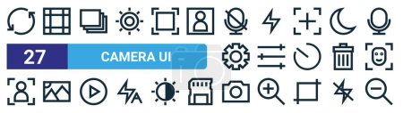 set of 27 outline web camera ui icons such as switch camera, border, burst, flash, options, picture, camera, zoom out vector thin line icons for web design, mobile app.
