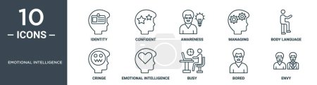 conjunto de iconos de contorno de inteligencia emocional incluye identidad de línea delgada, confianza, conciencia, gestión, lenguaje corporal, encogimiento, iconos de inteligencia emocional para el informe, presentación, diagrama, diseño web