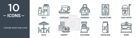 Coffeeshop und Café umreißen Symbolset umfasst dünne Linie Milch, Croissant, Expresso, Online-Shop, Eiskaffee, Patio, Quittungssymbole für Bericht, Präsentation, Diagramm, Webdesign