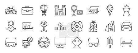 set of 24 outline web holidays icons such as bicycle, portfolio, hot air balloon, castle, video camera, photos, icecream cone vector icons for report, presentation, diagram, web design, mobile app