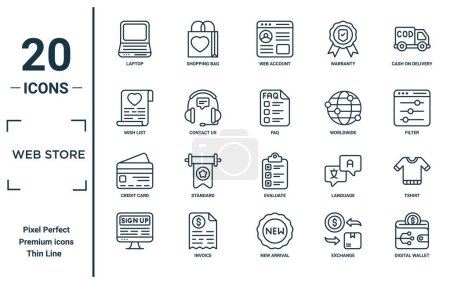 Lineares Icon-Set für Webshops. Enthält dünne Linie Laptop, Wunschliste, Kreditkarte,, digitale Brieftasche, faq, T-Shirt-Symbole für Bericht, Präsentation, Diagramm, Webdesign