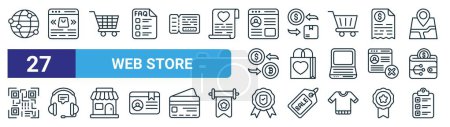 set of 27 outline web web store icons such as worldwide, online catalog, shopping cart, exchange, shopping bag, contact us, warranty, evaluate vector thin line icons for web design, mobile app.