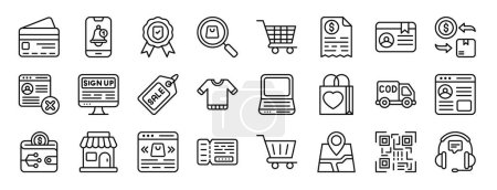 Satz von 24 umrissenen Web-Shop-Symbolen wie Kreditkarte, Benachrichtigung, Garantie, Suche, Warenkorb, Rechnung, Mitgliedschaftsvektorsymbole für Bericht, Präsentation, Diagramm, Webdesign, mobile App