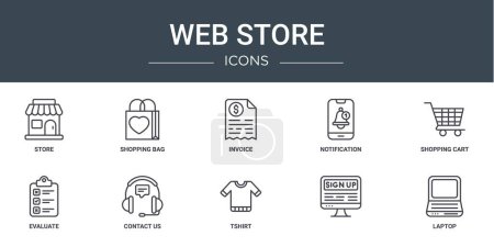 Satz von 10 umreißen Web-Shop-Symbole wie Geschäft, Einkaufstasche, Rechnung, Benachrichtigung, Warenkorb, bewerten, kontaktieren Sie uns Vektor-Symbole für Bericht, Präsentation, Diagramm, Webdesign, mobile App