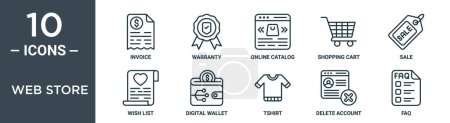 web store outline icon set includes thin line invoice, warranty, online catalog, shopping cart, sale, wish list, digital wallet icons for report, presentation, diagram, web design