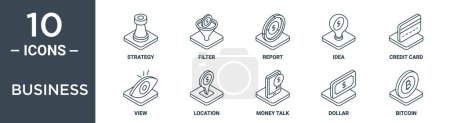 business outline icon set includes thin line strategy, filter, report, idea, credit card, view, location icons for report, presentation, diagram, web design