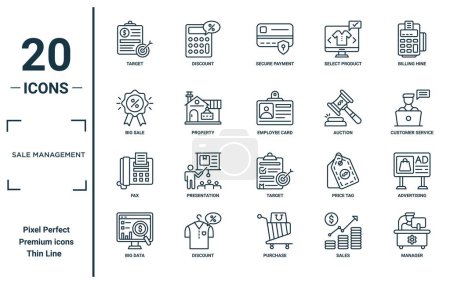 sale management linear icon set. includes thin line target, big sale, fax, big data, manager, employee card, advertising icons for report, presentation, diagram, web design